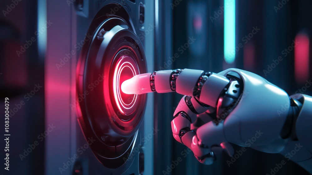 A robotic hand presses a glowing red button on a futuristic control ...