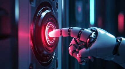 Aufkleber - A robotic hand presses a glowing red button on a futuristic control panel.