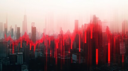 Poster - Real estate market and commercial property crisis concept with red falling graph and city on background, double exposure indicating a downfall market environment.
