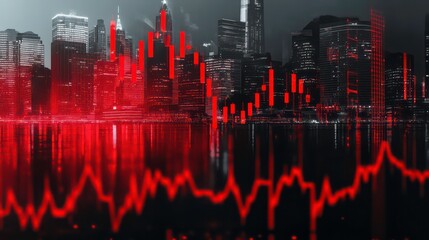 Poster - Real estate market and commercial property crisis concept with red falling graph and city on background, double exposure indicating a downfall market environment.
