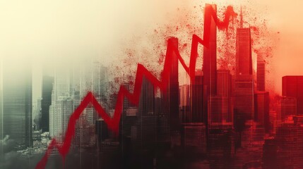 Aufkleber - A red arrow rises through a cityscape, symbolizing economic growth or financial recovery.