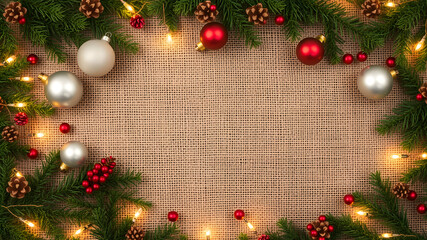 Wall Mural - christmas frame of spruce, christmas decorations on burlap fabric background. copy space. new year l