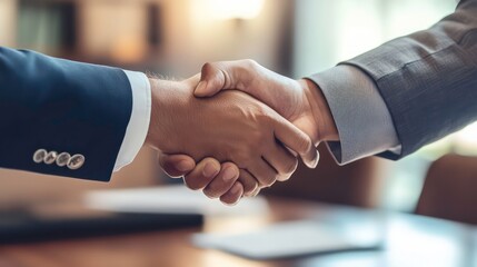 Aufkleber - Two businessmen shaking hands in a meeting room, signifying a successful agreement or partnership.