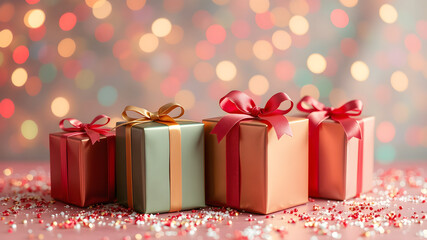 Wall Mural - gift boxes with velvet ribbon on colorful background copy space colorful christmas, christmas new ye
