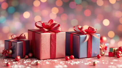 Wall Mural - gift boxes with velvet ribbon on colorful background copy space colorful christmas, christmas new ye