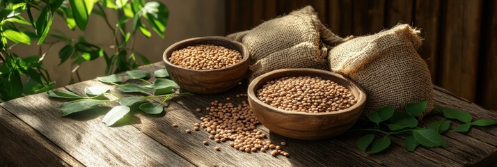 Aufkleber - Bowls and sacks filled with lentils, beans, and chickpeas rest on a rustic wooden table, creating a warm, inviting atmosphere. Generative AI