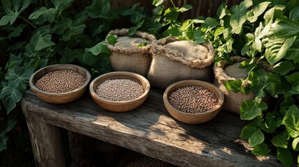 Poster - Bowls and sacks filled with various lentils, beans, and chickpeas sit on a rustic wooden table, enhanced by lush green plants nearby. Generative AI