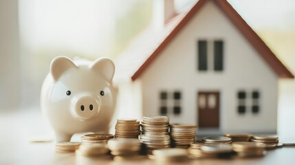 Aufkleber - piggy bank with coins piles and house model, concept of mortgage and savings, copy space.