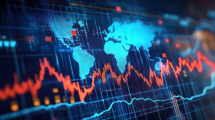Poster - A digital screen showing a map of the world overlaid with financial data.