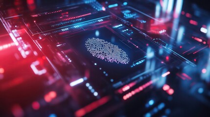 Leinwandbilder - A glowing fingerprint icon on a futuristic digital circuit board, representing digital security and authentication.