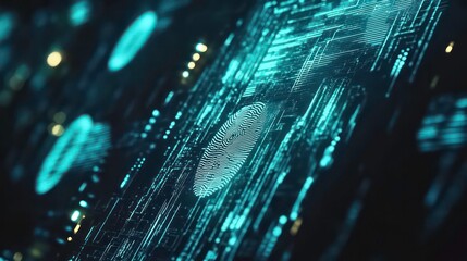 Aufkleber - A digital fingerprint embedded in a futuristic circuit board with glowing blue lines.