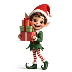 Cheerful christmas elf with gifts celebrating the holiday spirit in a festive setting, digital art of character design concept.