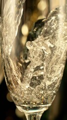 Fototapete - Super Slow Motion of Pouring Champagne Wine on Black Background with Flashing Blur Spot Lights. Filmed on High Speed Cinema Camera, 1000fps. Vertical Aspect Ratio.