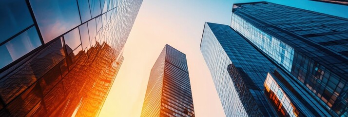 Aufkleber - The silhouettes of contemporary skyscrapers rise against a colorful sunset, casting long shadows in an urban landscape. Generative AI