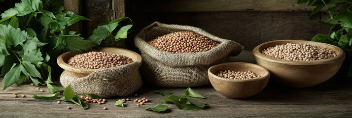 Poster - Bowls and sacks overflow with lentils, beans, and chickpeas, showcased on a rustic wooden table adorned with fresh leaves. Generative AI
