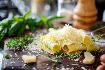 Wall Mural - Freshly cooked pasta served on a wooden cutting board with melted cheese