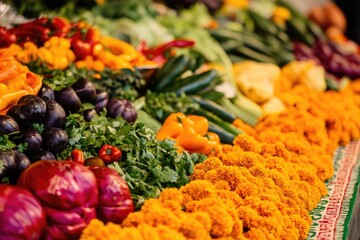 Wall Mural - Fresh produce arranged on a table with various colors and textures