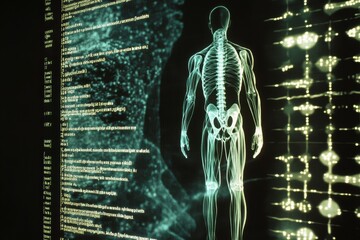 Poster - A human figure shadowed amidst rows of genetic code, highlighting the intricate relationship between DNA and human biology. Generative AI