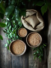 Poster - Bowls and a sack overflow with lentils, beans, and chickpeas, arranged on a wooden table adorned with greenery for a rustic look. Generative AI