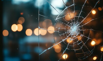 close-up of a cracked glass window with a spiderweb pattern of fractures, set against a blurred indo