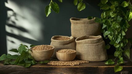 Fototapete - Bowls and sacks containing lentils, beans, and chickpeas are arranged on a rustic wooden table with greenery in the background. Generative AI
