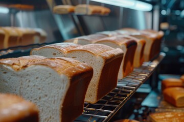 Poster - Freshly baked bread sits on a wooden rack, perfect for displaying or serving