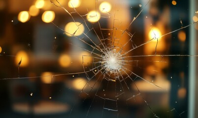 Close-up of a cracked glass window with a spiderweb pattern of fractures, set against a blurred indoor background of a room with lights and furniture