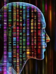 Poster - A human figure's silhouette is displayed prominently against vibrant rows of genetic code, illustrating the connection between biology and identity. Generative AI