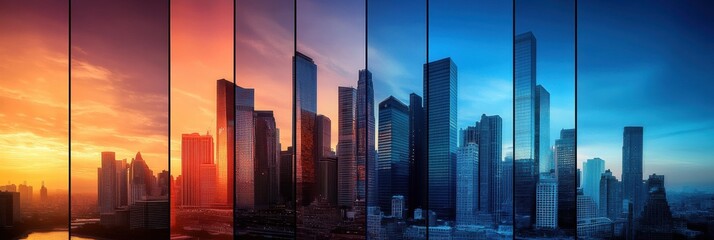 Aufkleber - Silhouettes of towering skyscrapers contrast against a colorful sunset sky, creating a beautiful urban skyline at dusk. Generative AI