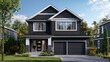© Jawadmagsi - A modern suburban home with dark gray siding and white trim, featuring a double garage.
