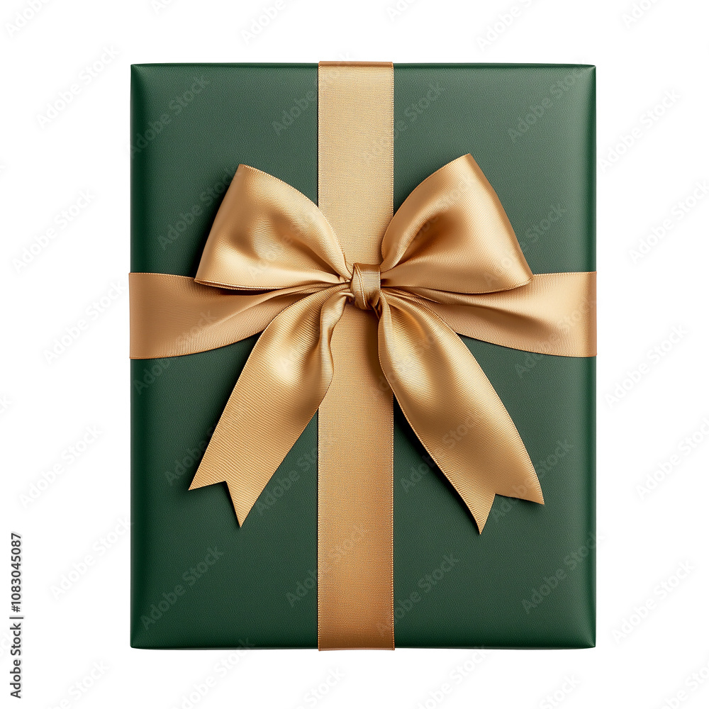 Green gift box tied with golden ribbon and bow isolated on transparent ...