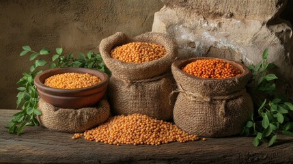 Poster - Bowls and burlap sacks filled with lentils, beans, and chickpeas rest on a rustic wooden table, surrounded by a natural setting. Generative AI