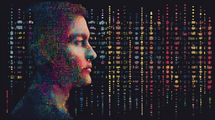 Poster - A human profile is fused with vibrant genetic code symbols, illustrating the connection between genetics and human identity in contemporary research. Generative AI