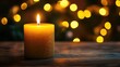 © Cyber Shutter - Beautifully illuminated golden candle on a refined wooden table with gentle bokeh lights in the backdrop fostering a cozy and inviting ambiance for the holiday season