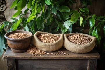 Poster - Bowls and sacks overflowing with lentils, beans, and chickpeas sit on a rustic wooden table surrounded by lush greenery. Generative AI