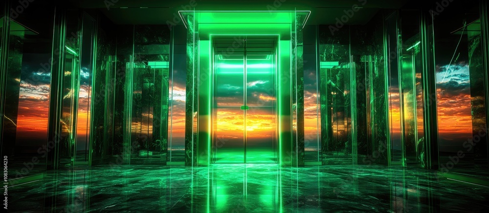 Image showcasing Modern green glass elevator designed for efficient transportation in ...