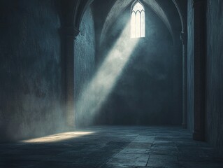 Wall Mural - fantasy dark scene with an empty interior illuminated by soft light and slate gray color palette ide