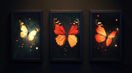 Sticker - three illuminated rectangular banners featuring enchanting butterflies on a dark backdrop