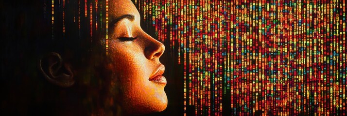 Poster - A human figure is overlaid on vibrant rows of DNA symbols, illustrating the connection between genetics and individuality. Generative AI