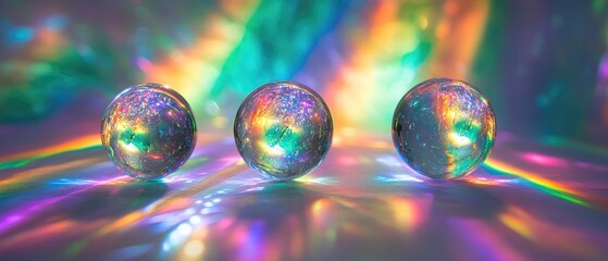 Sticker - three crystal spheres arranged in a row with a vibrant rainbow light display creating a beautiful ba