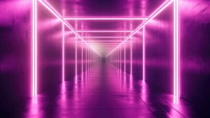 Wall Mural - neon rectangular frame with horizontal lighting tunnel corridor background featuring geometric glow 