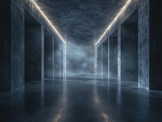 Wall Mural - fantasy dark scene with an empty interior illuminated by soft light and slate gray color palette ide