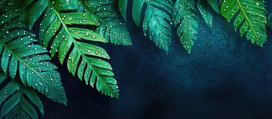 abstract texture of green fern leaves with water droplets against a dark blue nature background feat