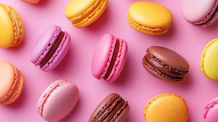 Wall Mural - Vibrant macaron or macaroon arranged on a pink background captured from above in a flat lay style