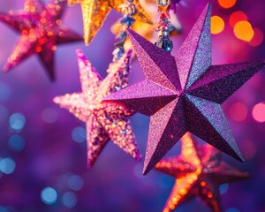Canvas Print - vibrant and colorful christmas themed stars against a striking purple and pink gradient backdrop