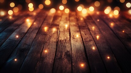 Wall Mural - wooden surface background adorned with lights and bokeh effects creating a vibrant night atmosphere