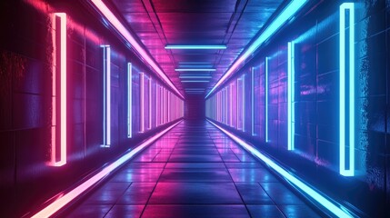 Wall Mural - neon rectangular frame with horizontal lighting tunnel corridor background featuring geometric glow 