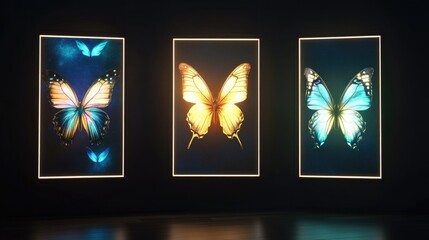 Sticker - three illuminated rectangular banners featuring enchanting butterflies on a dark backdrop
