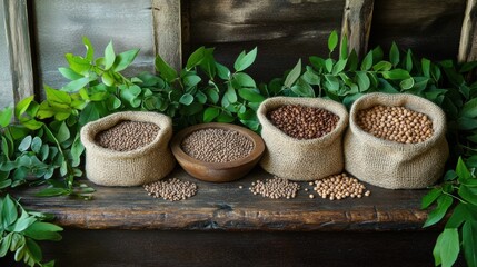 Poster - Bowls and sacks filled with lentils, beans, and chickpeas sit on a rustic wooden table, complemented by greenery for a natural appeal. Generative AI