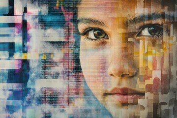 Aufkleber - A human face is overlaid on intricate patterns of genetic code, illustrating the connection between DNA and identity. Generative AI